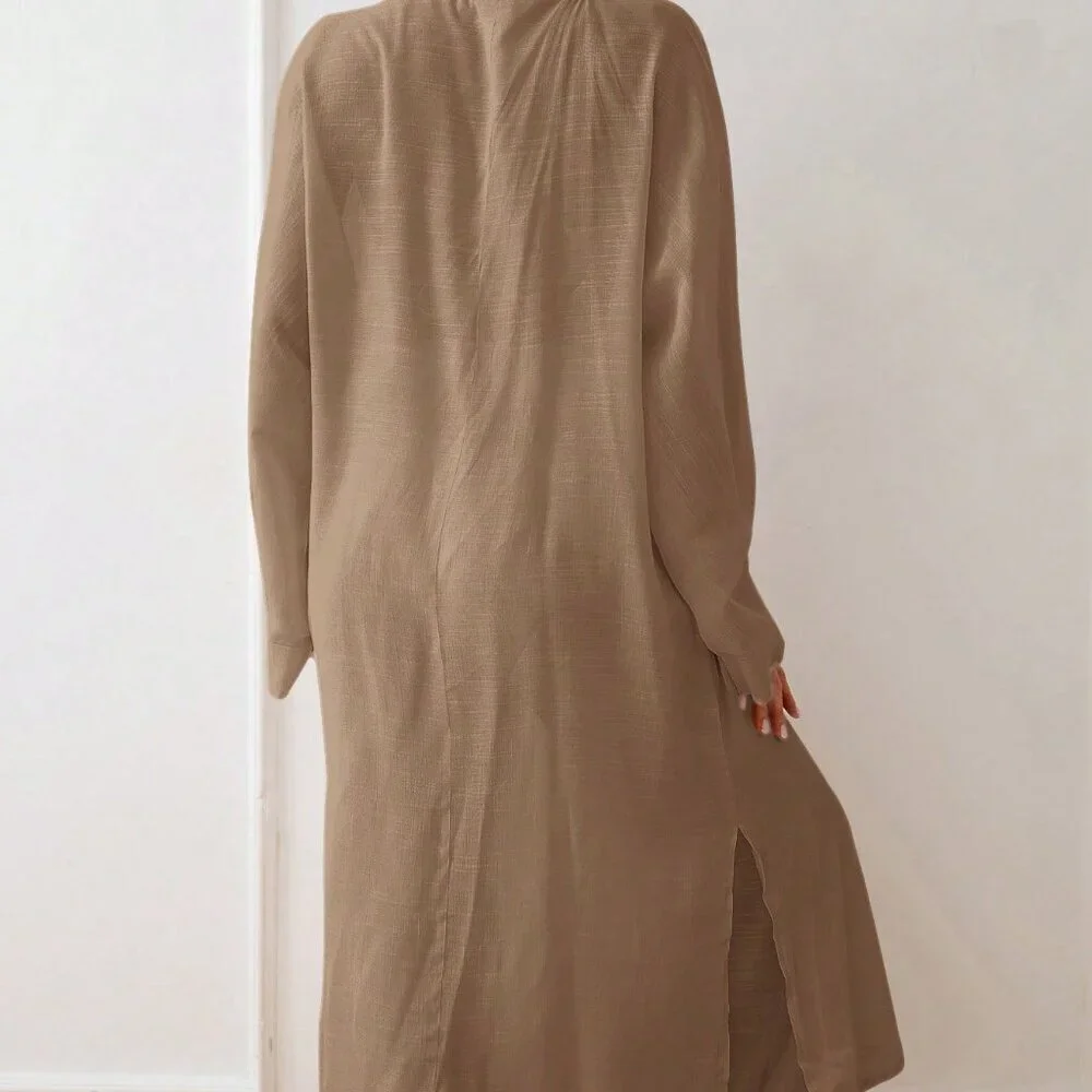 Brown Preppy Women's Long Sleeve Long Loose Kimono Style Cover Up
